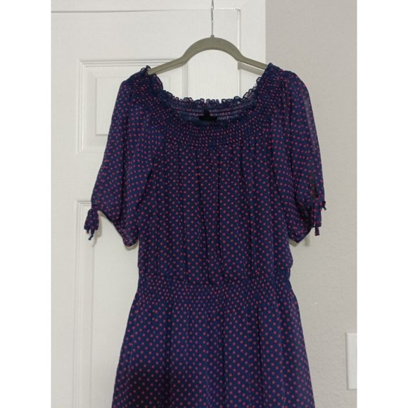 Women's En Focus Blue Polka Dot Pink Drop Waist Flowy Dress Size 14 - Picture 2 of 6
